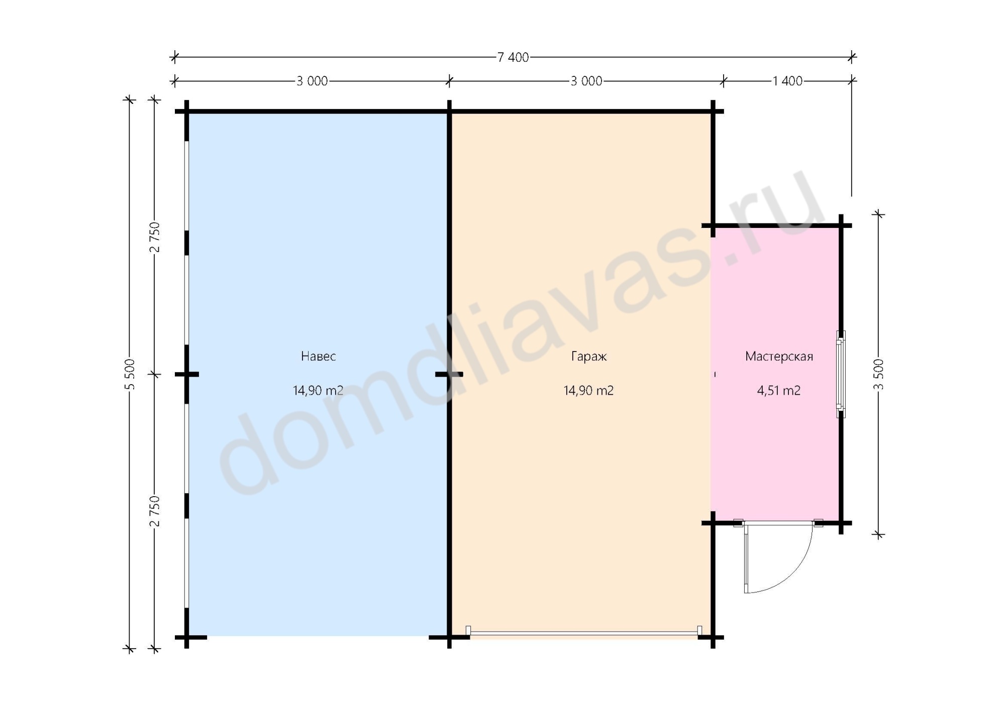 Гараж с навесом и мастерской 5,5х7,4 Данила мастер